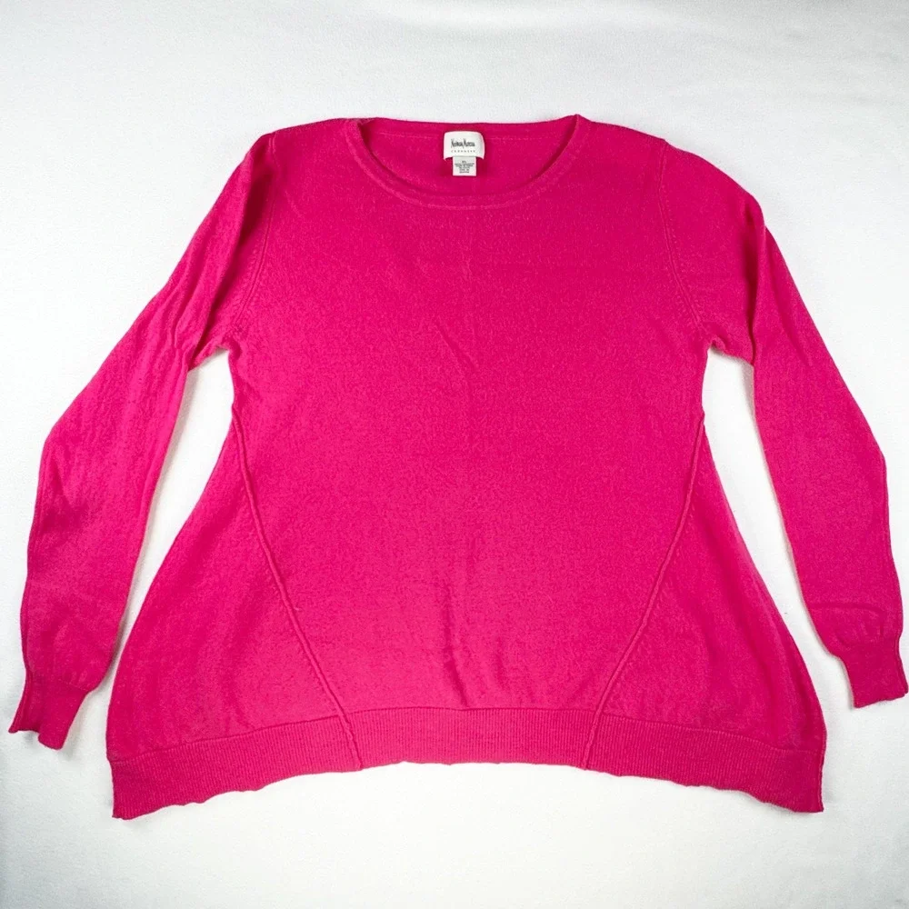 Neiman Marcus Cashmere Sweater‎ Womens XL Hot Pink Crew Neck High-Low Hem Slit